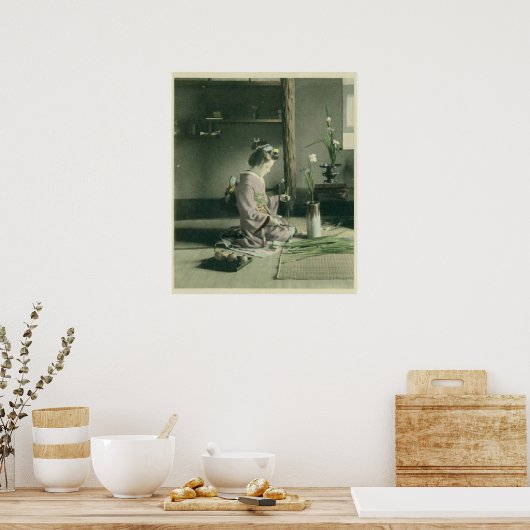 Geisha die Iris Flowers Poster afdrukken schikt (Keuken)