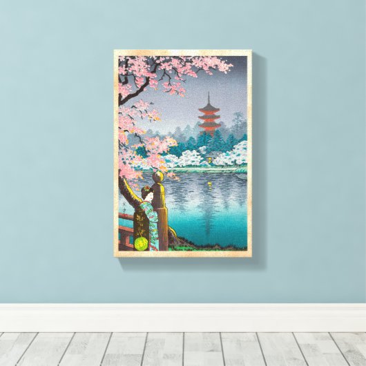 Geisha en Cherry Tree, Ueno Park japanese omgeving Canvas Afdruk (Insitu (Houten vloer))
