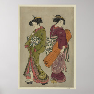 Geisha en een dienaar met haar shamisen box poster