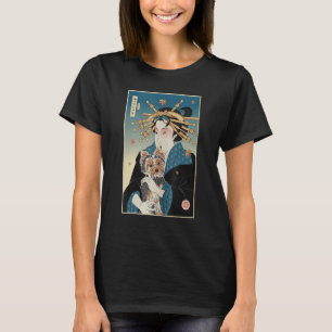 Geisha en hond Yorkshire Ukiyo E krijger Samurai Y T-shirt