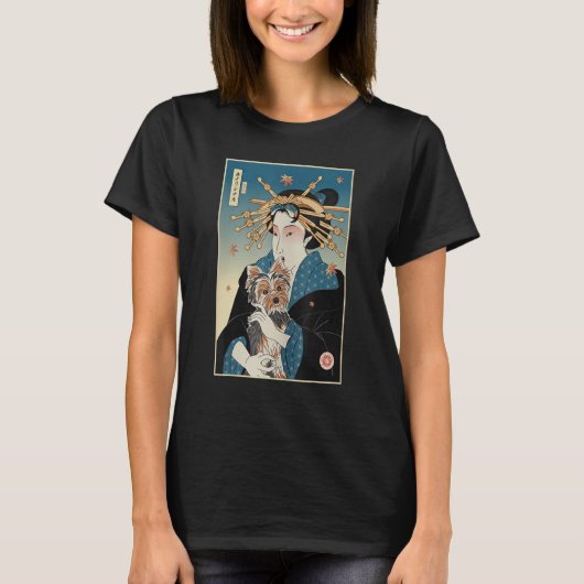 Geisha en hond Yorkshire Ukiyo E krijger Samurai Y T-shirt (Voorkant)