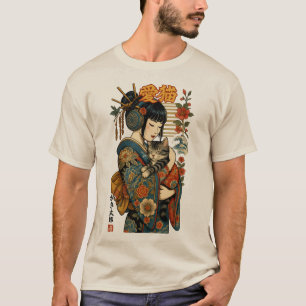 Geisha en kat - Japanse bloemen T-shirt