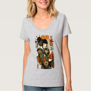 Geisha en kat - Japanse bloemen T-shirt