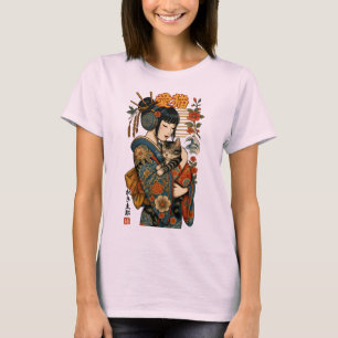 Geisha en kat - Japanse bloemen T-shirt