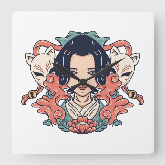 Geisha En Kitsune Vierkante Klok (Voorkant)