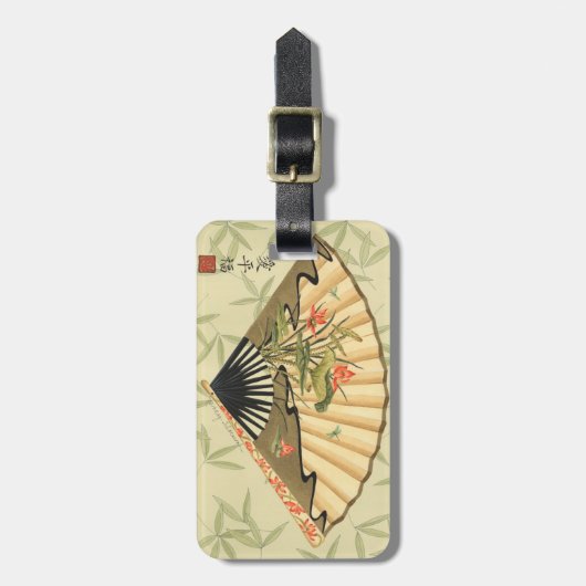 Geisha Fan met bladeren en afdruk van hout Bagagelabel (Voorkant verticaal)