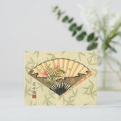Geisha Fan met bladeren en afdruk van hout Briefkaart (Staand voorkant)