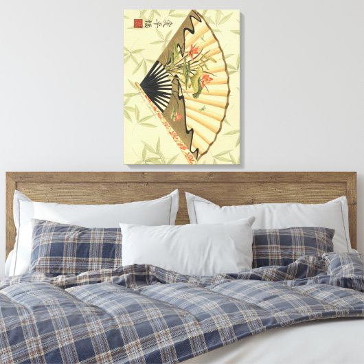 Geisha Fan met bladeren en afdruk van hout Canvas Afdruk (Insitu (Slaapkamer))