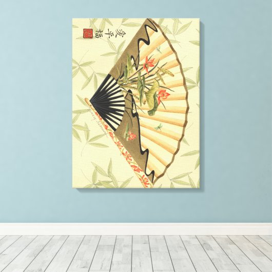 Geisha Fan met bladeren en afdruk van hout Canvas Afdruk (Insitu (Houten vloer))