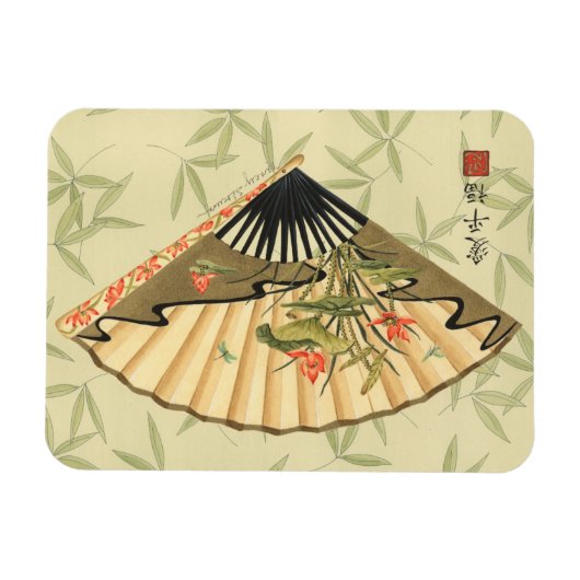 Geisha Fan met bladeren en afdruk van hout Magneet (Horizontaal)