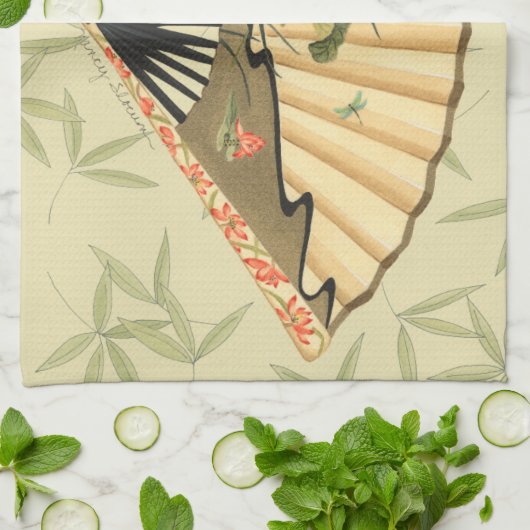 Geisha Fan met bladeren en afdruk van hout Theedoek (Gevouwen)