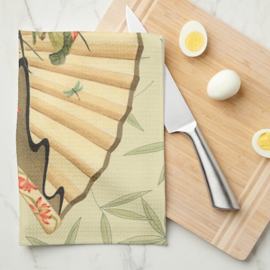 Geisha Fan met bladeren en afdruk van hout Theedoek (Quarter Fold)