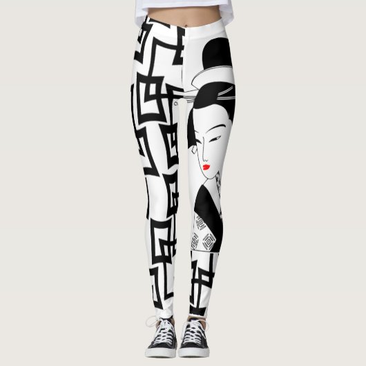 geisha girl japans zwarte witte leggings (Voorkant)
