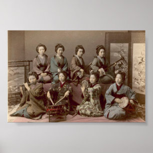 Geisha Girls die muziekinstrumenten spelen Poster