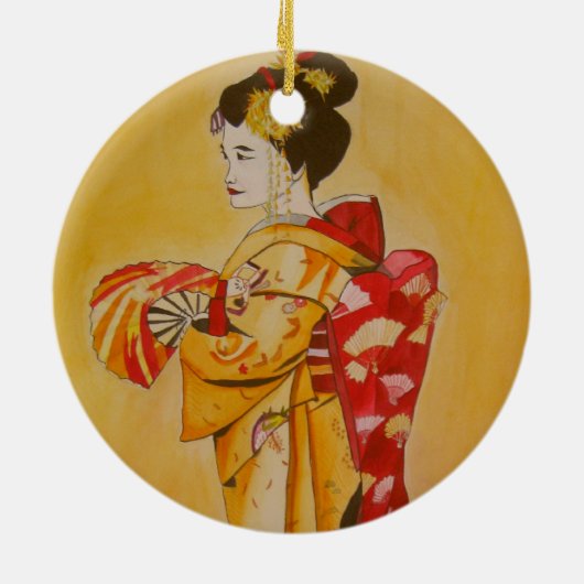 Geisha gold kimono original waterverf art keramisch ornament (Achterkant)