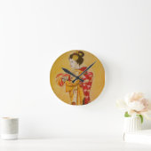 Geisha gold kimono original waterverf art ronde klok (Huis)