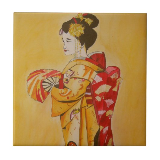 Geisha gold kimono original waterverf art tegeltje (Voorkant)