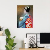 Geisha in de blauwe kimono-kunst poster (Thuiskantoor)