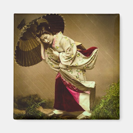  Geisha in een Springtime Rain Glass Slide Magneet (Voorkant)