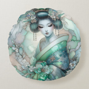 Geisha in Green Design Serie #1 Rond Kussen
