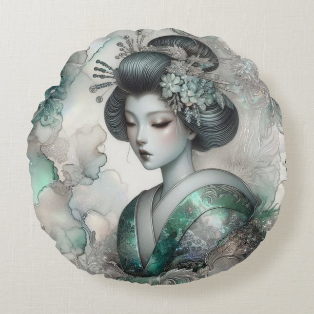 Geisha in Green Design Serie #2 Rond Kussen (Voorkant)