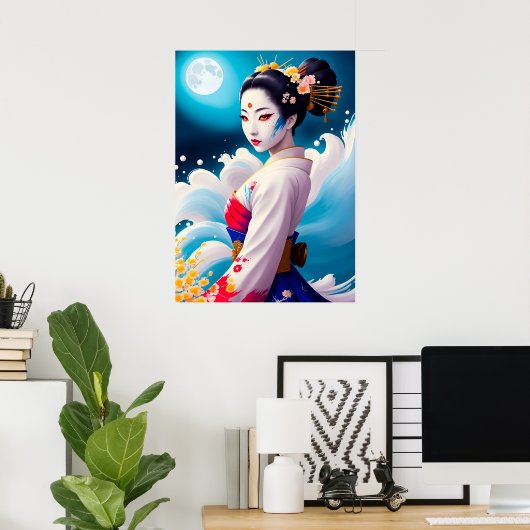 Geisha in het maanlicht poster (Thuiskantoor)