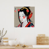 Geisha in Red Blue Kimono | Ukyio-e Japanse kunst Poster (Keuken)