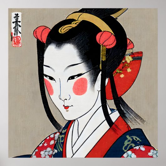 Geisha in Red Blue Kimono | Ukyio-e Japanse kunst Poster (Voorkant)