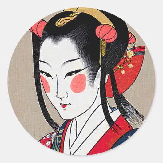 Geisha in Red Blue Kimono | Ukyio-e Japanse kunst Ronde Sticker (Voorkant)