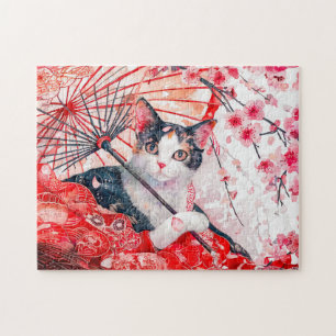 Geisha Kat met Paraplu in Chinese Inkt Schilderkun Legpuzzel