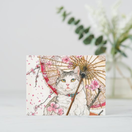 Geisha kat met parasol en kersenbloesem briefkaart (Staand voorkant)