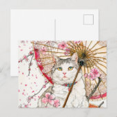 Geisha kat met parasol en kersenbloesem briefkaart (Voorkant / Achterkant)