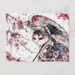 Geisha kat met parasol en kersenbloesems in Chi Briefkaart