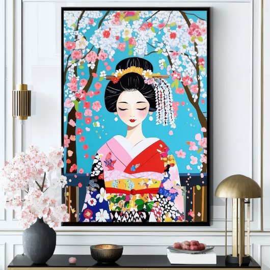 Geisha Kimono Cherry Blossom Japanse muurkunst Poster