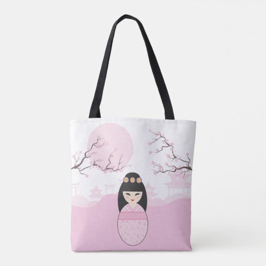 Geisha Kokeshi Doll  on Typical Japanese Landscape Tote Bag (Achterkant)