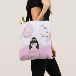 Geisha Kokeshi Doll  on Typical Japanese Landscape Tote Bag