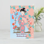 Geisha meisje en bloemen verjaardagsfeestje uitnod kaart (Staand voorkant)
