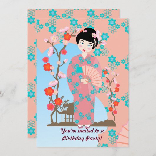 Geisha meisje en bloemen verjaardagsfeestje uitnod kaart (Voorkant / Achterkant)