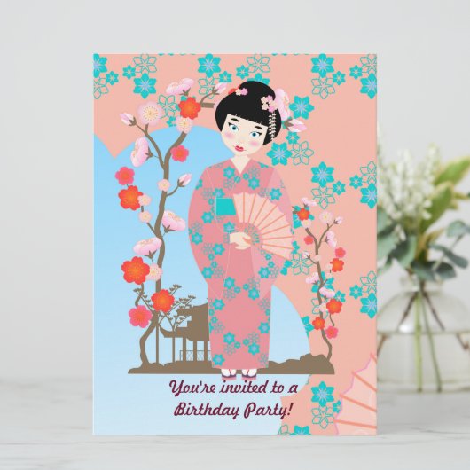 Geisha meisje en bloemen verjaardagsfeestje uitnod kaart (Staand voorkant)