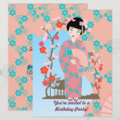 Geisha meisje en bloemen verjaardagsfeestje uitnod kaart (Voorkant / Achterkant)