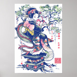 Geisha Meisje Met Draak En Katten 37004 Poster