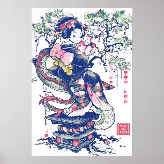 Geisha Meisje Met Draak En Katten 37004 Poster (Voorkant)