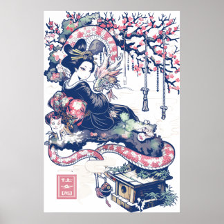 Geisha Meisje Met Draak En Katten 37005 Poster