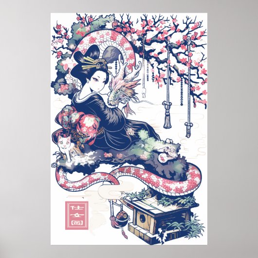 Geisha Meisje Met Draak En Katten 37005 Poster (Voorkant)