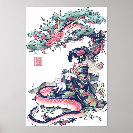 Geisha Meisje Met Draak En Katten 37006 Poster (Voorkant)