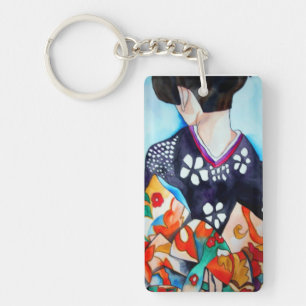 Geisha met donkerblauw en oranje kimono sleutelhanger