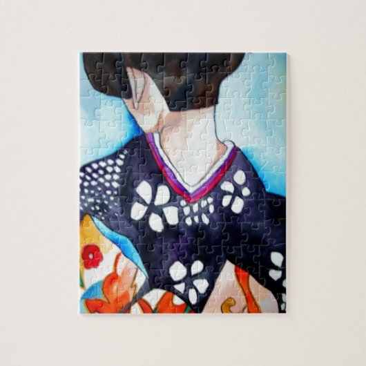 Geisha met donkerblauw kimono origineel kunstschil legpuzzel (Verticaal)