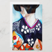Geisha met donkerblauwe kimono originele kunst briefpapier (Voorkant / Achterkant)