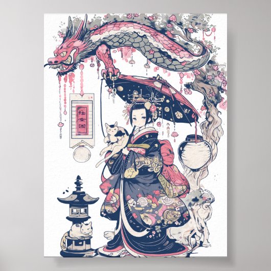 Geisha met draak en katten 37007 poster (Voorkant)