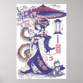 Geisha met draak en katten 37009 poster